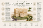 Handcrafted goat milk soap with packaging details on a white background