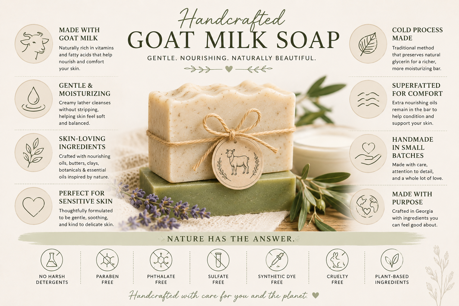 Handcrafted goat milk soap with packaging details on a white background